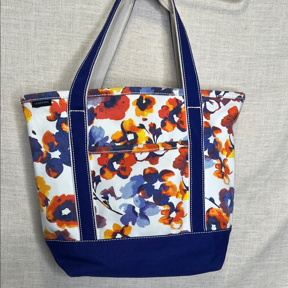 Lands End Floral Canvas Tote Bag with Navy Trim